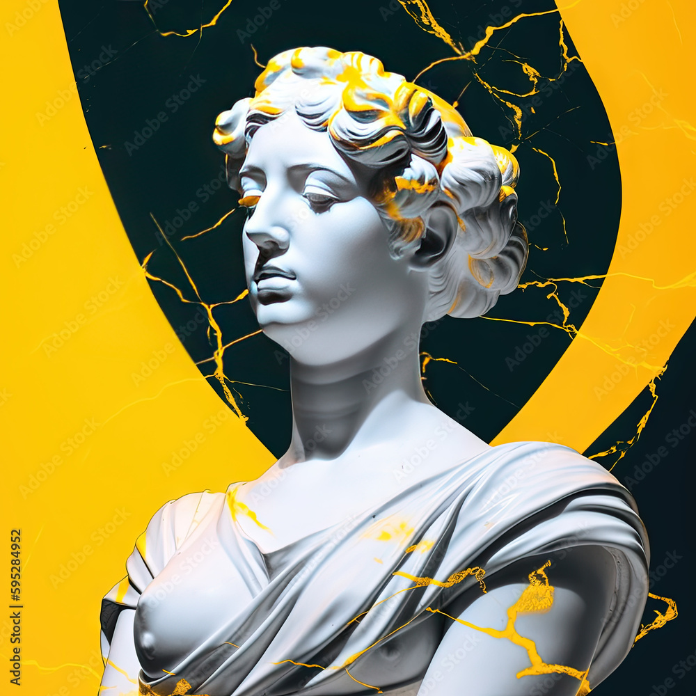Une sculpture en marbre, statue d'une personne stoïcienne grecque ou romaine, représentant le stoïcisme. Avec de l'or et du noir, kintsugi - obrazy, fototapety, plakaty 
