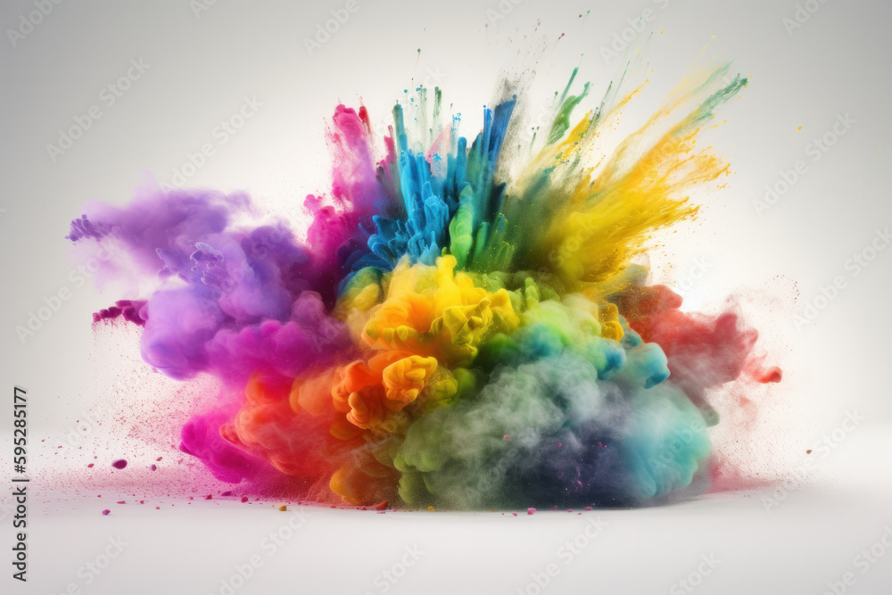 Multicolored powder explosion creates a smoke-like effect against a clean white background. A creative and unique shot. AI Generative.