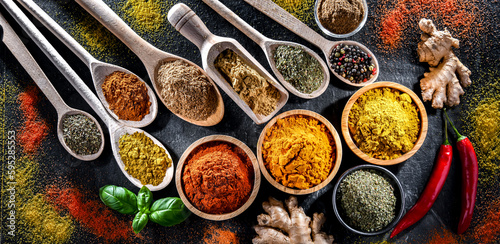 Fototapeta Naklejka Na Ścianę i Meble -  Composition with assortment of spices and herbs