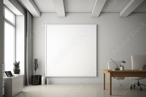 Empty white picture mockup frame for art/poster placement in a clean, minimalistic office space created using generative AI tools