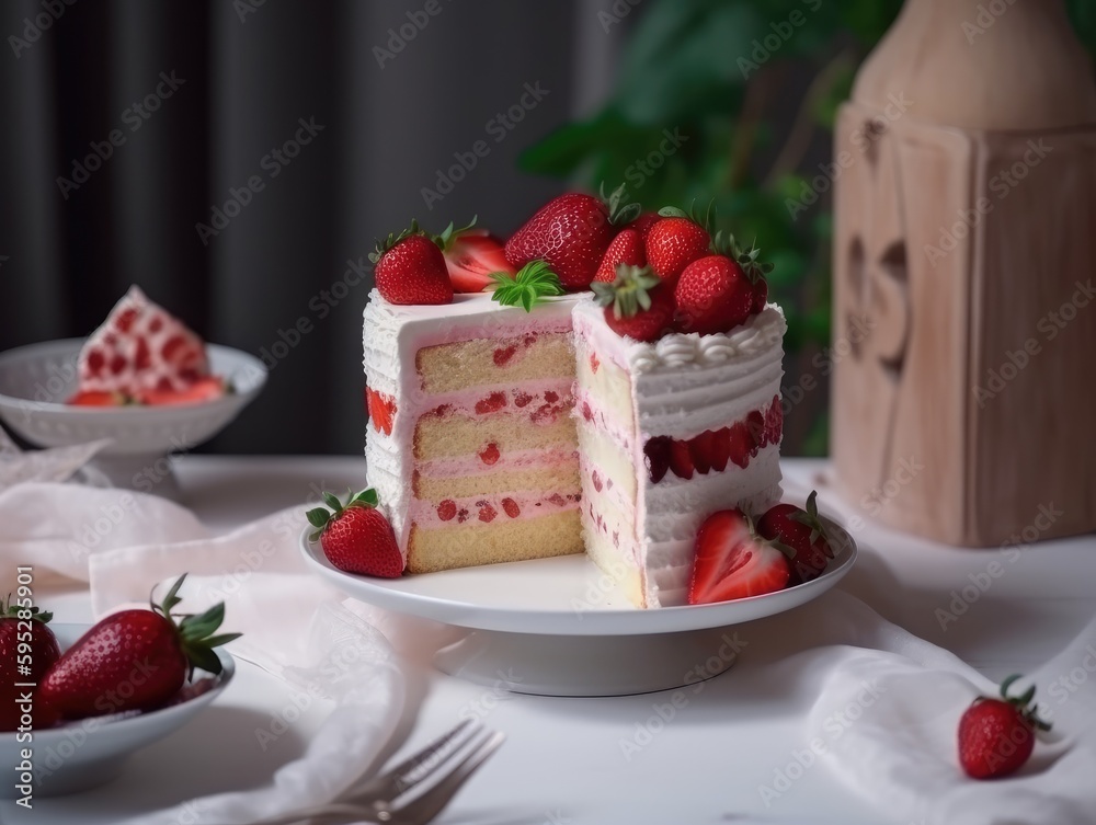 Strawberry sponge cake with fresh strawberries. Generative AI Strawberry sponge cake with fresh strawberries. Generative AI