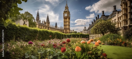 Fotografiet Big Ben, the Palace of Westminster in London, UK seen from public garden with fl