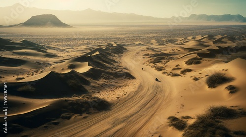 High-angle photo of a road in the middle of a desert  dunes background  created using Generative AI technology