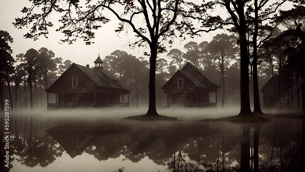 A creepy house in the middle of a swamp, surrounded by dense fog