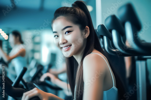 Asian woman running on a track machine with the energy and determination of a rigorous workout. for cardiovascular exercise. generative AI