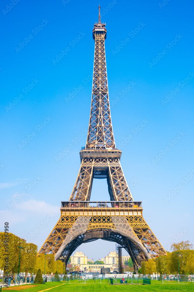 Eiffel Tower on sunny spring day. View from green lawn on Champs de Mars. Paris, France
