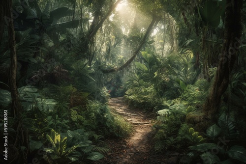 Nature painting featuring path through jungle with trees and plants on both sides. Generative AI