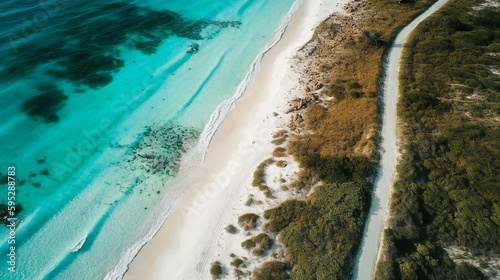 Aerial view of a clear turquoise water and tropical beach with white sand, tropics background, created using Generative AI technology