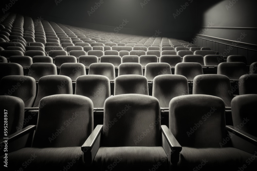 Empty cinema auditorium with rows of seats. Black and white image