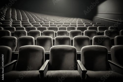 Empty cinema auditorium with rows of seats. Black and white image