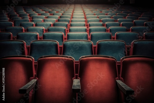 Empty cinema auditorium with rows of red seats
