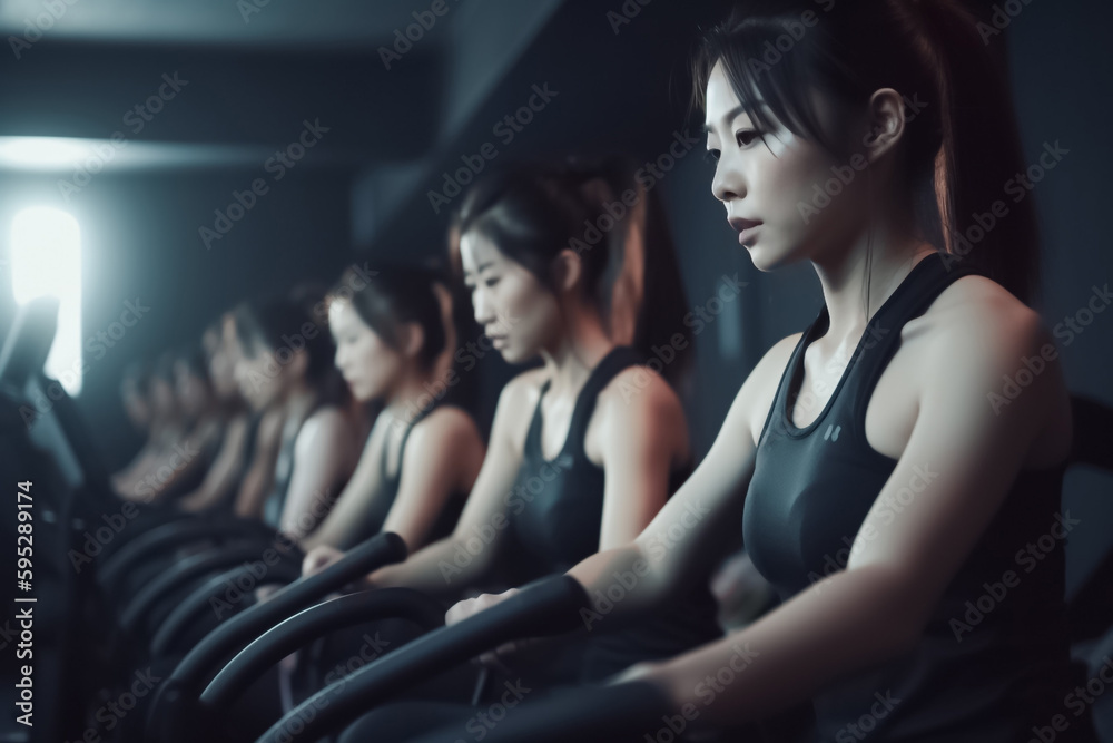 Asian women Group are exercising in from track machines to stationary bikes, capture the energy and determination of a rigorous workout. generative AI Asian women Group are exercising in from track machines to stationary bikes, capture the energy and determination of a rigorous workout. generative AI