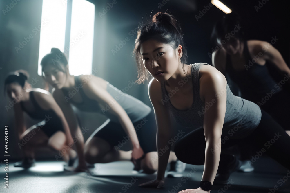 Asian women Group are exercising in from track machines to stationary bikes, capture the energy and determination of a rigorous workout. generative AI