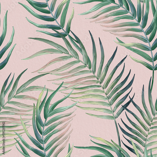 Seamless floral pattern with tropical palm leaves hand-drawn painted in watercolor style. The seamless pattern can be used on a variety of surfaces, wallpaper, textiles or packaging