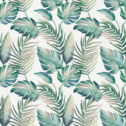 Seamless floral pattern with tropical palm leaves hand-drawn painted in watercolor style. The seamless pattern can be used on a variety of surfaces, wallpaper, textiles or packaging