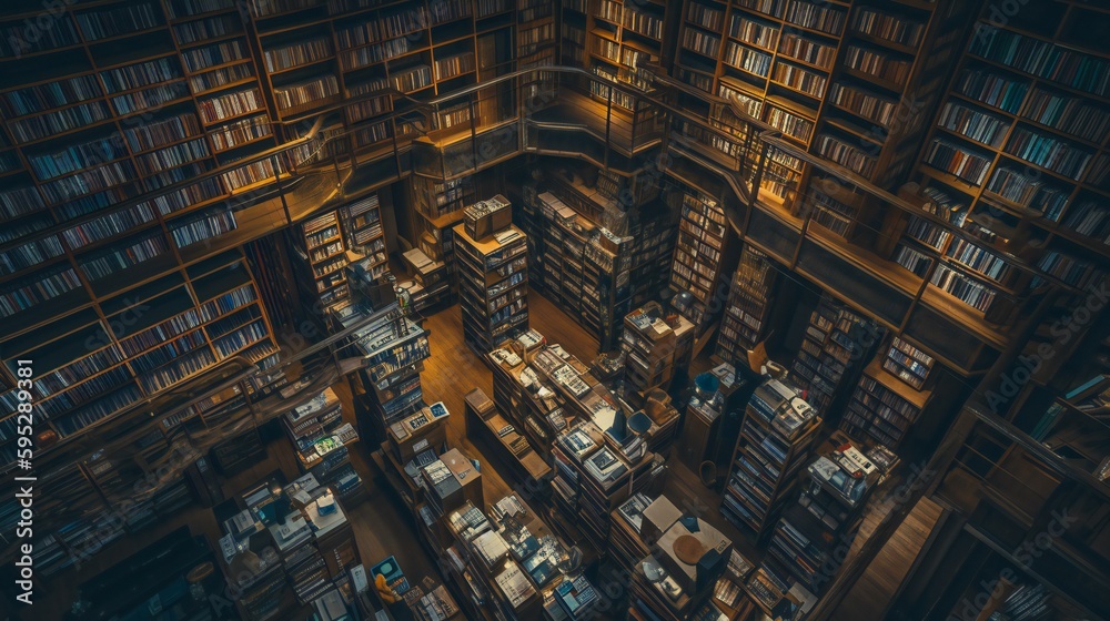 Obraz premium Wide and high-angle photo of a library interior with tall bookshelves, created using Generative AI technology