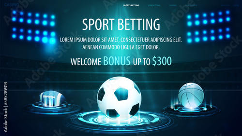 Sports betting, blue banner for website with offer and hologram of sport balls