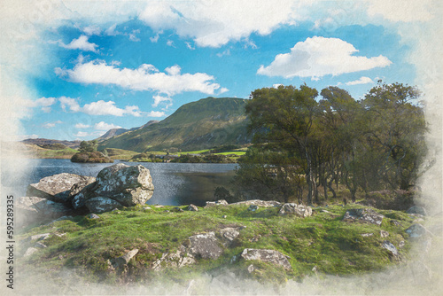 Digital watercolour painting of Penygader, and Cadair Idris during autumn in the Snowdonia National Park, Dolgellau, Wales. photo