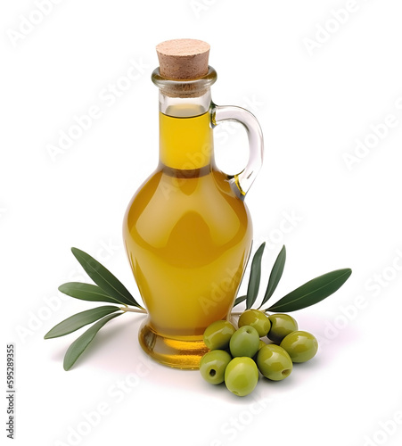 Olives oil in bottle with olives on white backgrounds. Ai generative. Illustration