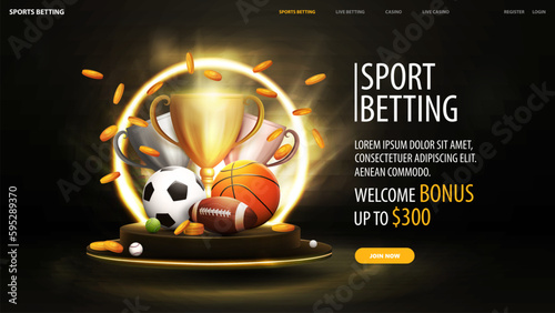 Sports betting, web banner with sport balls, cups and falling gold coins in black scene, dark banner with sport elements