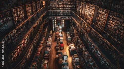 Wide and high-angle photo of a library interior with tall bookshelves  created using Generative AI technology