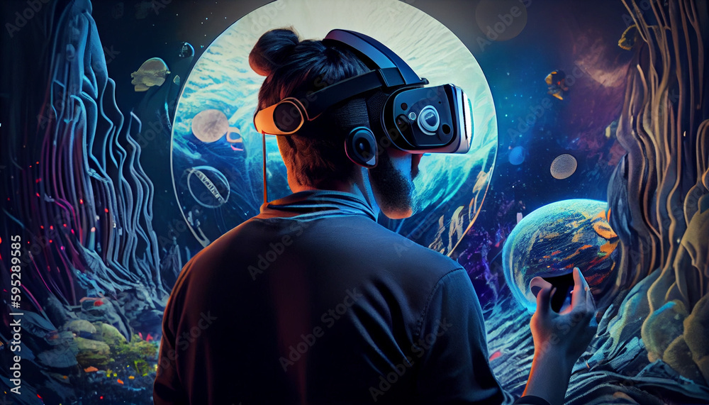 A person fully immersed in a virtual reality world weari A person fully immersed in a virtual reality world weari