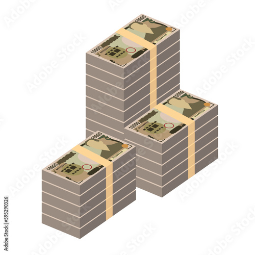 Japan Yen Vector Illustration. Japanese money set bundle banknotes. Paper money 10000 JPY. Flat style. Isolated on white background. Simple minimal design.