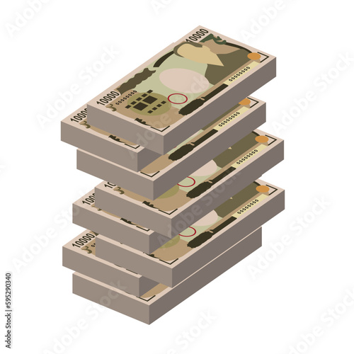 Japan Yen Vector Illustration. Japanese money set bundle banknotes. Paper money 10000 JPY. Flat style. Isolated on white background. Simple minimal design.