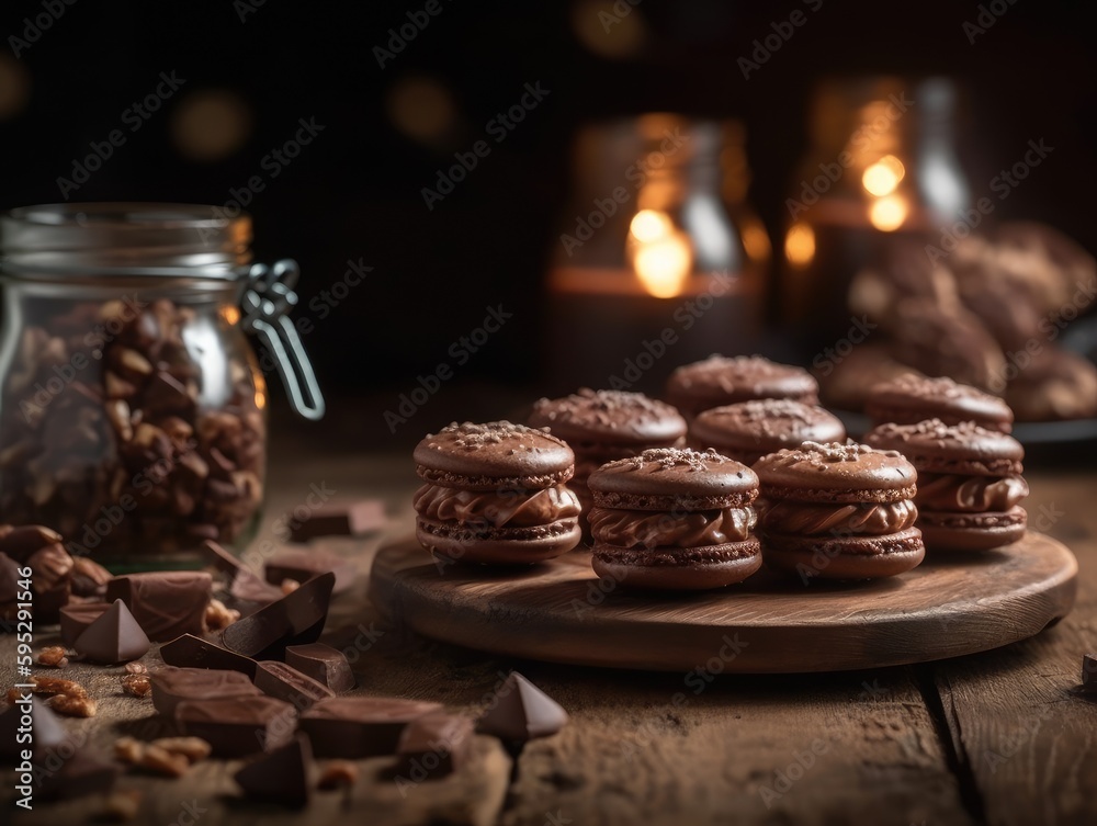 Chocolate macaroons dessert homemade on wooden background. Generative AI Chocolate macaroons dessert homemade on wooden background. Generative AI