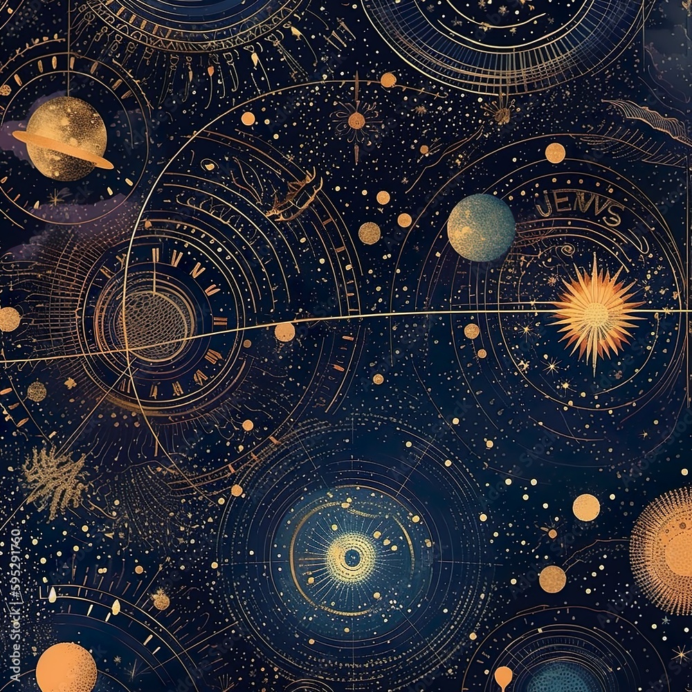 A mesmerizing, seamless pattern filled with celestial elements, including stars, planets, and constellations, creating a sense of wonder and exploration. - Generative AI, Generative, KI.