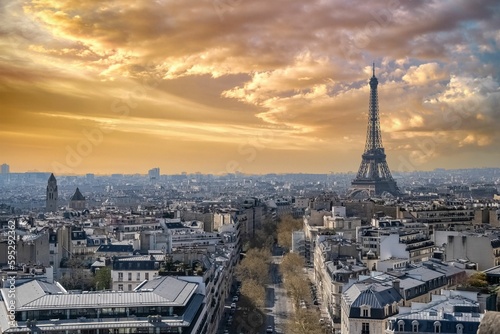 Paris, beautiful Haussmann facades and roofs, with the Eiffel To