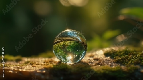 Macro Waterdrop Concept. Droplet with Green Reflection of Nature, Ecological and Environmental Image. Ai Generated