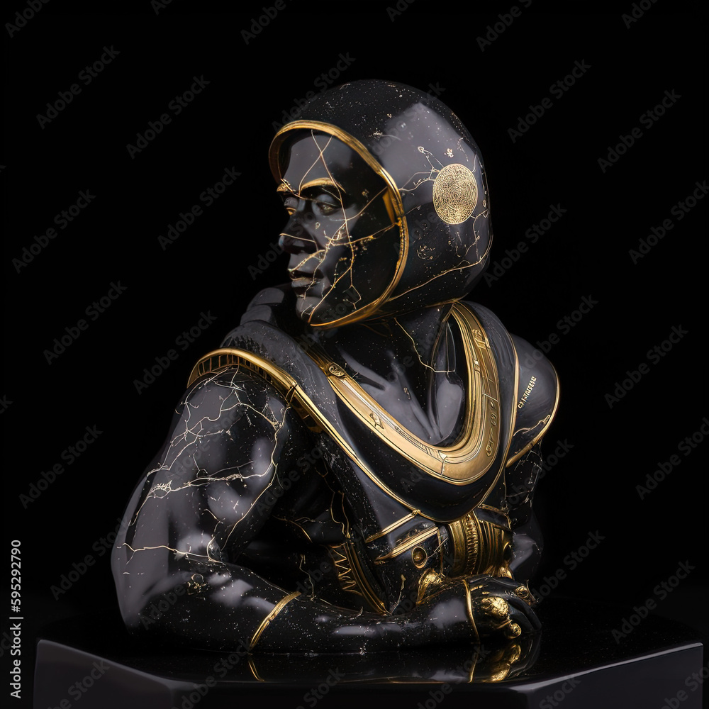 Une sculpture en marbre, statue d'une personne stoïcienne grecque ou romaine, représentant le stoïcisme. Avec de l'or et du noir, kintsugi