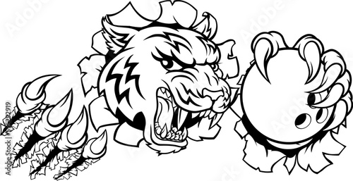 A tiger ten pin bowling player cartoon animal sports mascot holding a ball in its claw