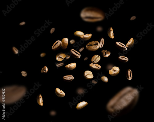 Coffee beans fly and levitate in space. Isolated on black