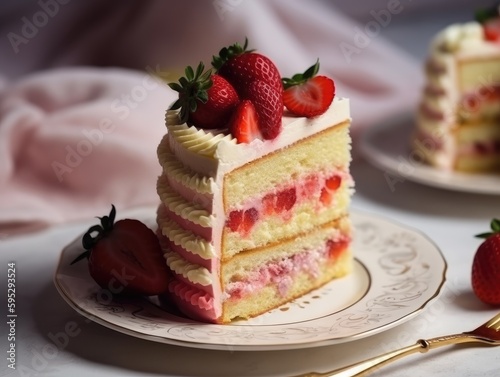 Strawberry sponge cake with fresh strawberries. Generative AI