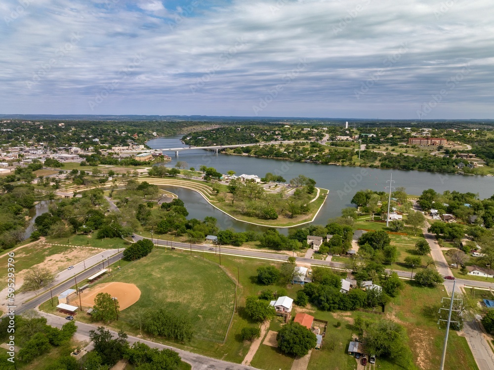 Aerial view of bustling cityscape, Marble Falls Bridge, Lake Marble Falls