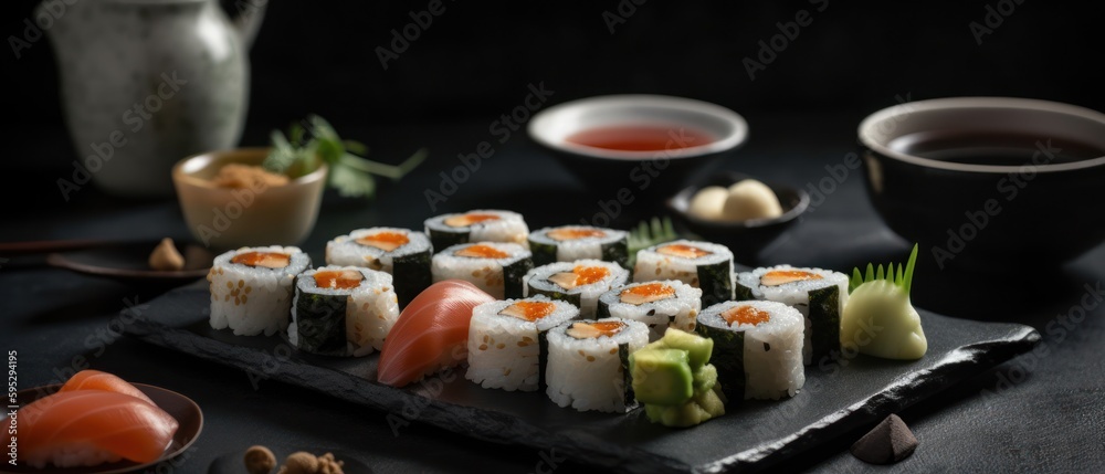 Sushi on the black background. Generative AI Sushi on the black background. Generative AI