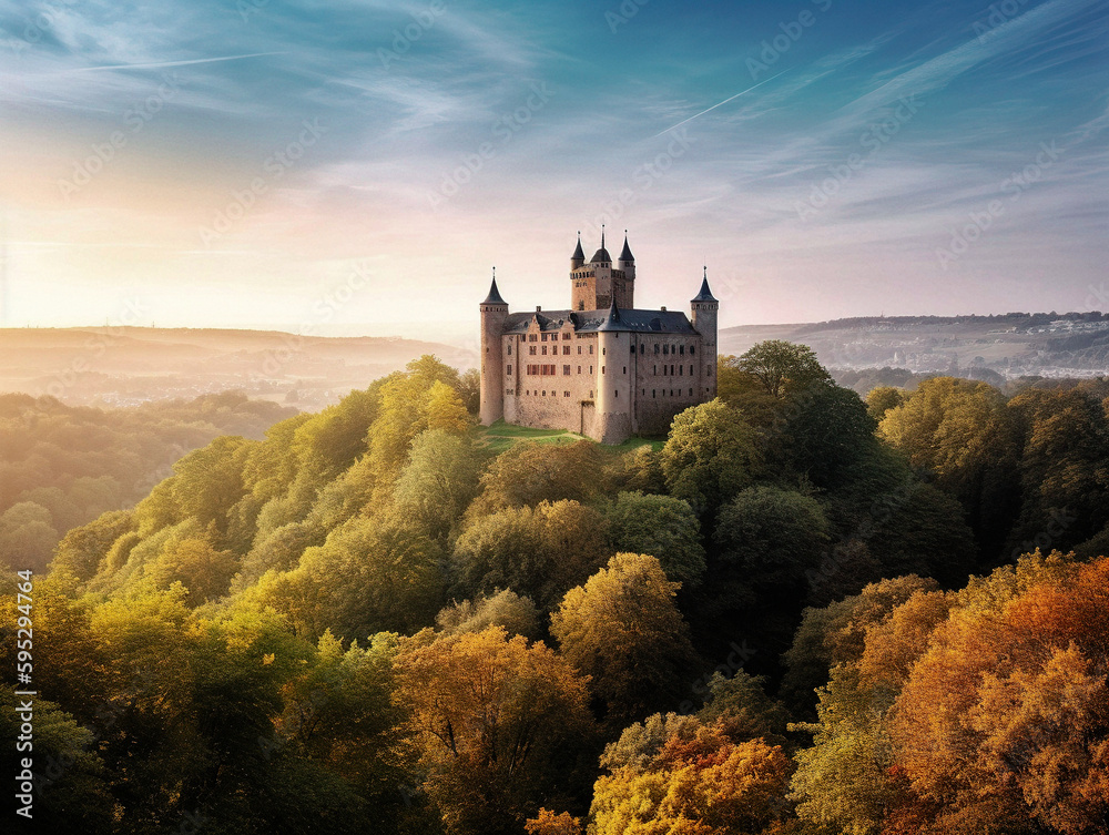 German Castle in the Style of Godesburg: A Medieval Fortress on a Hilltop - generative AI