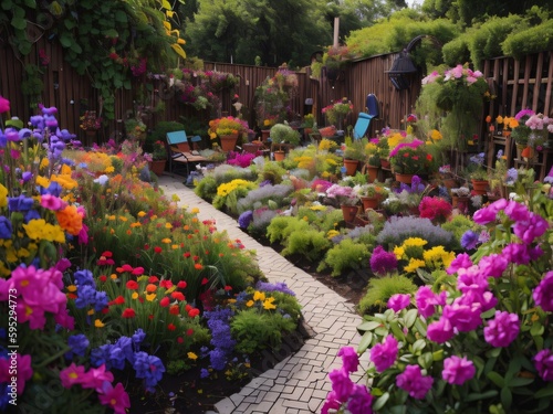 A colorful garden filled with blooming flowers, with a watering can and gardening tools nearby.