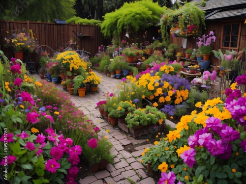 A colorful garden filled with blooming flowers, with a watering can and gardening tools nearby.