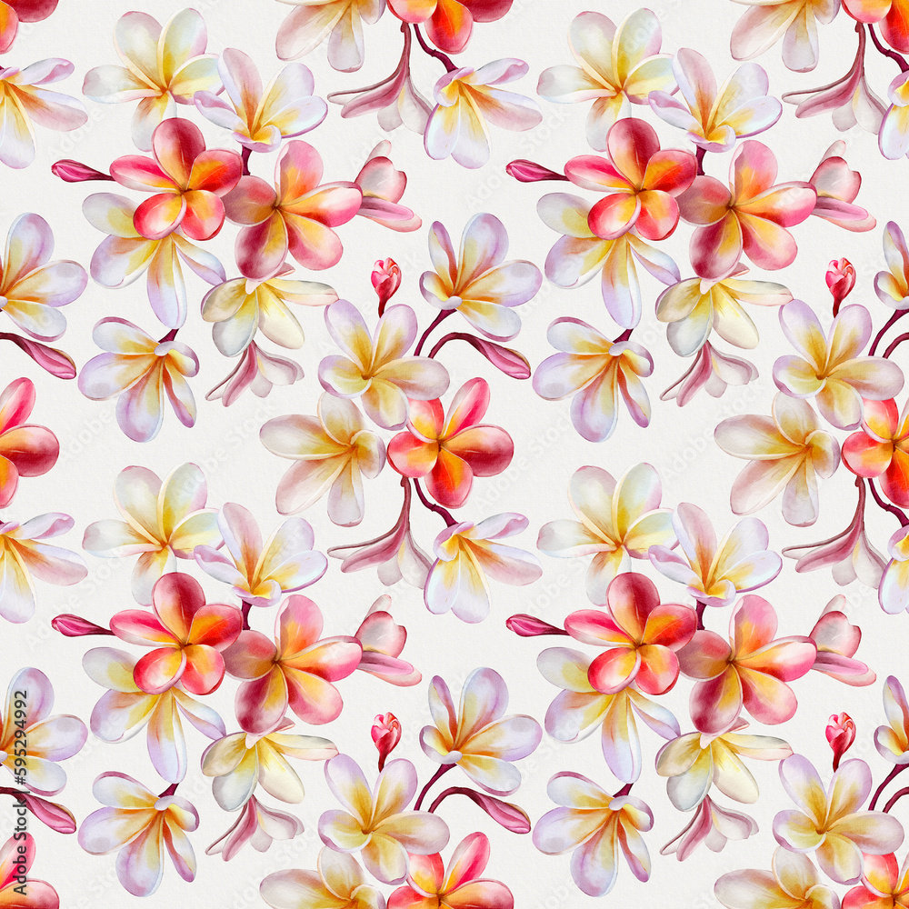 Seamless floral pattern with plumeria blossoms hand-drawn painted in watercolor style. The seamless pattern can be used on a variety of surfaces, wallpaper, textiles or packaging
Seamless floral pattern with plumeria blossoms hand-drawn painted in watercolor style. The seamless pattern can be used on a variety of surfaces, wallpaper, textiles or packaging