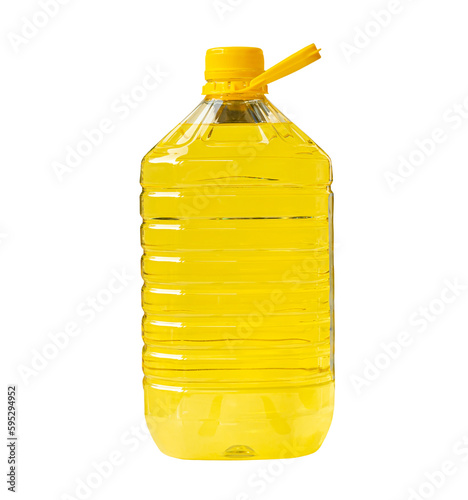 Yellow cooking oil in big plastic bottle isolated on white background with clipping path