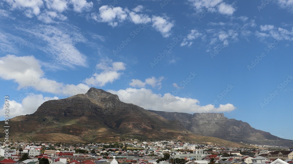 View of Table Mountain in Cape Town against the background of a blue sky. South Africa.