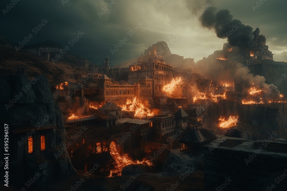 A fiery Gothic city with a colossal fortress in hell, surrounded by chaos. Generative AI