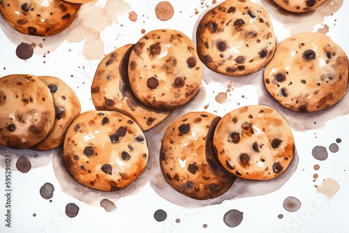 Watercolor cookie pattern with chocolate chips on a white background. Generative AI