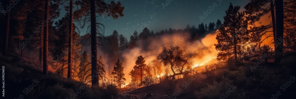 Wildfire, burning fire in the woods. Mountain fir forest in flames, Generative AI