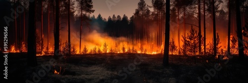 Wildfire, burning fire in the woods. Forest in flames, Generative AI © Rawf8