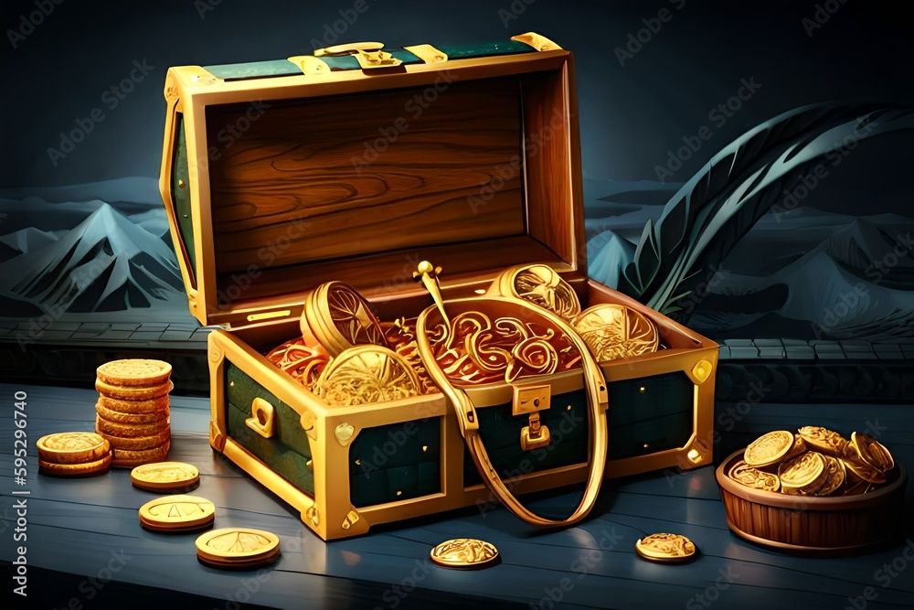 AI Illustration of a small wooden treasure chest filled with gold ...