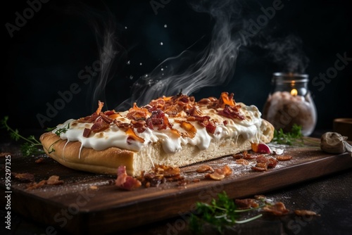 Flame-kissed French flatbread with sour cream, onion, and bacon. Recipe for Tarte Flambee. Generative AI
